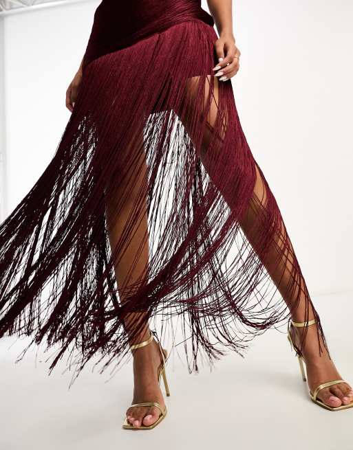 ASOS DESIGN fringe knot front maxi dress in burgundy