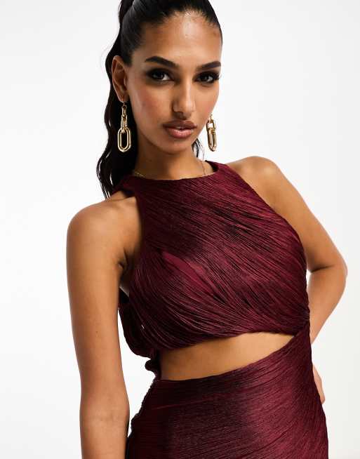 ASOS DESIGN fringe knot front maxi dress in burgundy