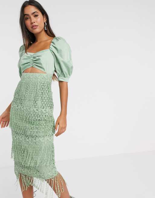 ASOS DESIGN fringe lace midi dress with structured bodice in sage | ASOS