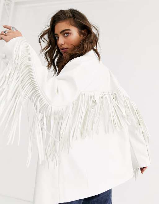 White Leather Fringe Jacket S