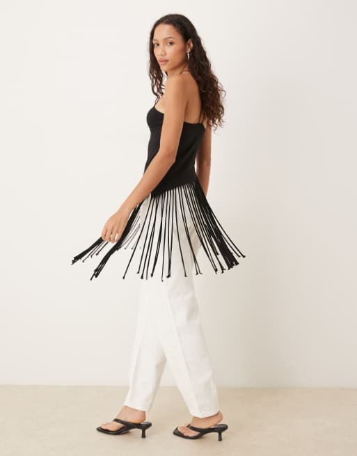 ASOS DESIGN fringe longline halter neck top in black, 2 of 4