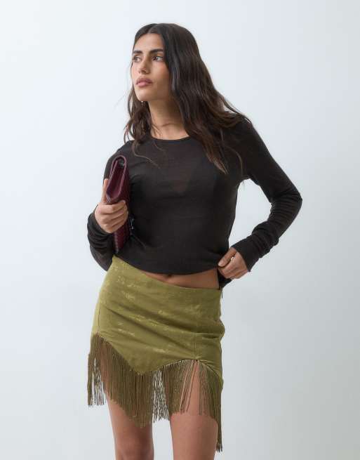 ASOS DESIGN fringe low rise mini skirt in khaki jaquard, 2 of 5