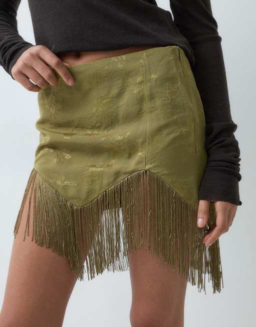 ASOS DESIGN fringe low rise mini skirt in khaki jaquard, 3 of 5