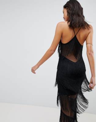 fringe mesh strappy midi bodycon dress