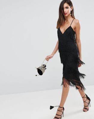 black fringe midi dress