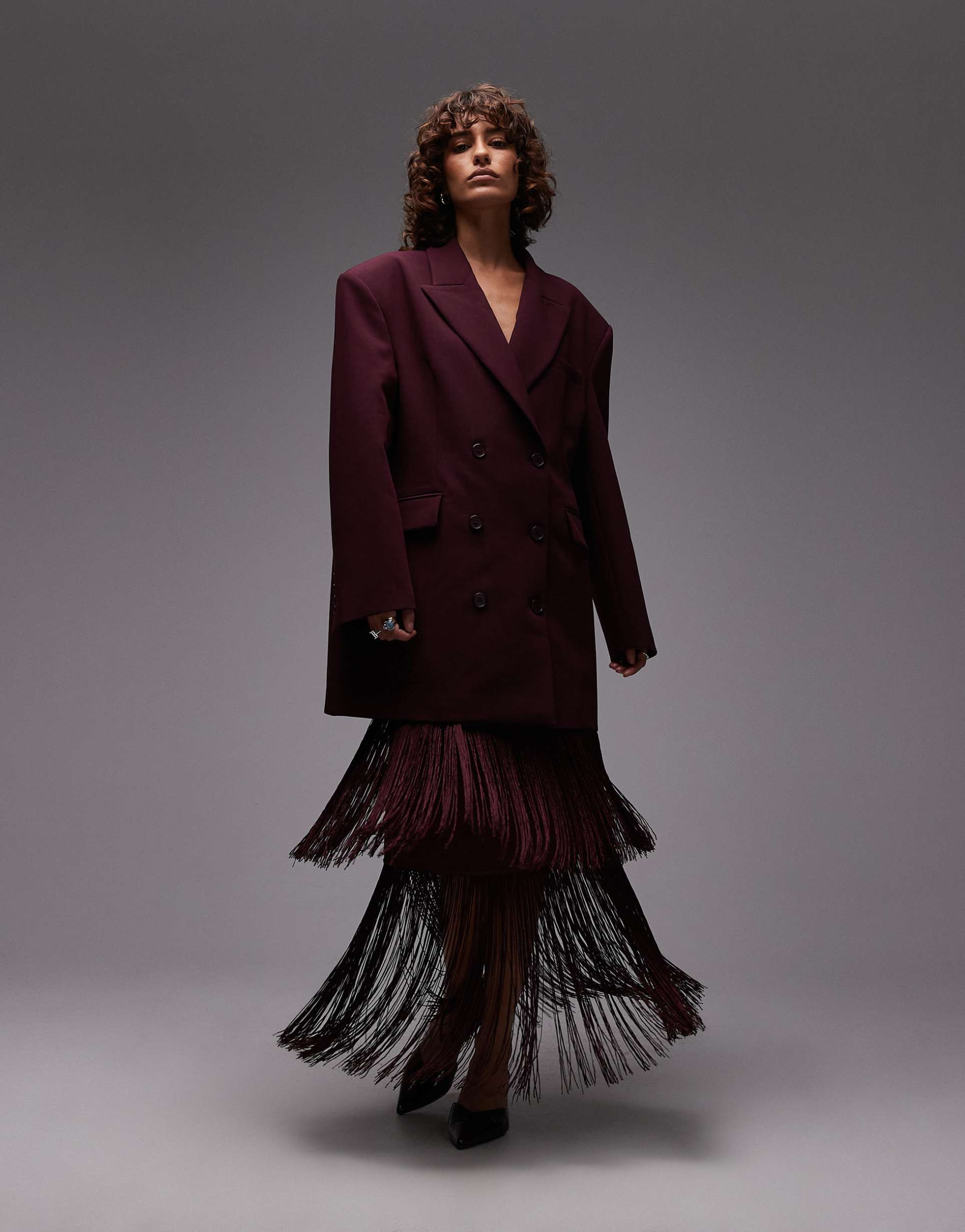 asos design fringe midi skirt in burgundy