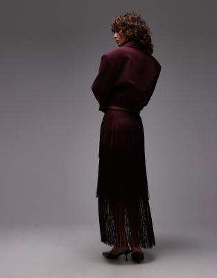 Asos Design Fringe Midi Skirt In Burgundy