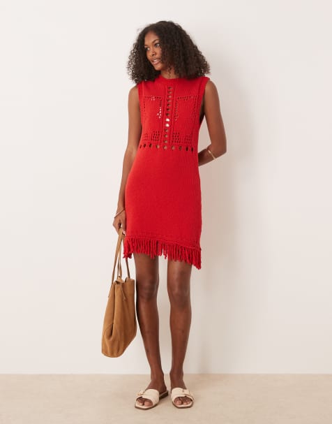 ASOS DESIGN fringe mini dress with open stitch detail in red - view 1
