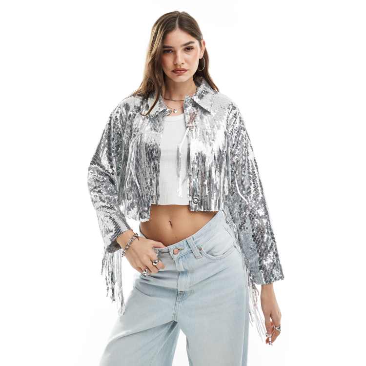Womens silver sequin jacket sales