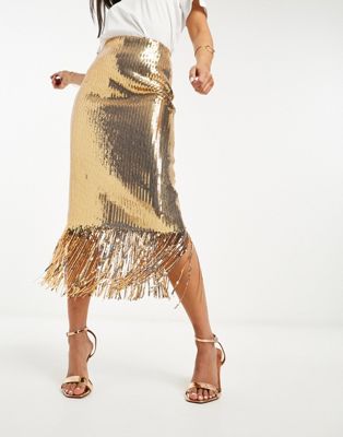 Asos Design Fringe Sequin Midi Skirt In Gold