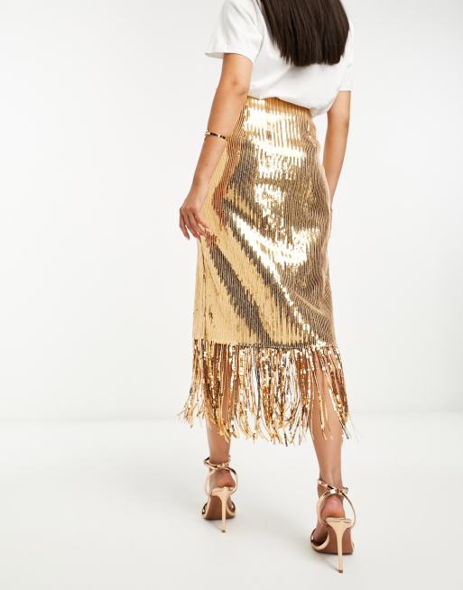 ASOS DESIGN fringe sequin midi skirt in gold