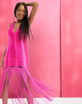 Asos Design Fringe Shift Midi Dress With Cut Out Detail In Pink In Pink