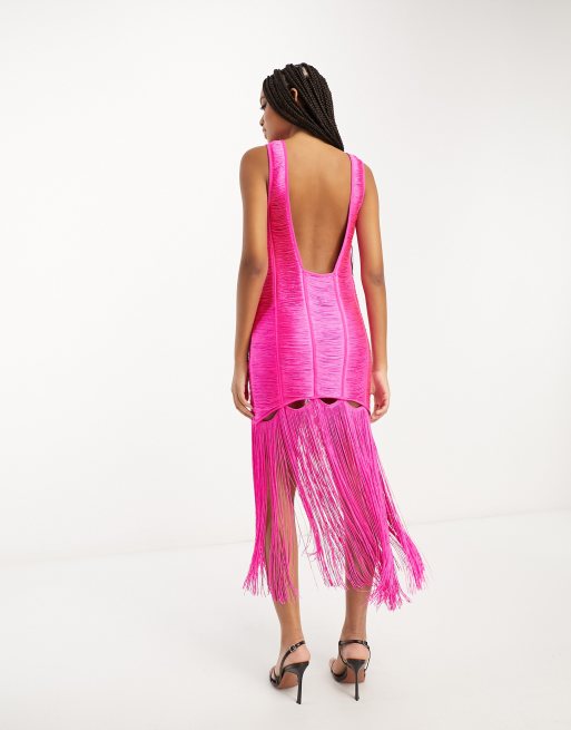 ASOS Design Sleeveless Fringe Dress in Pink