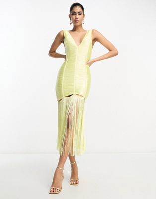 Asos Design Fringe Shift Midi Dress With Cut Out Detail In Yellow