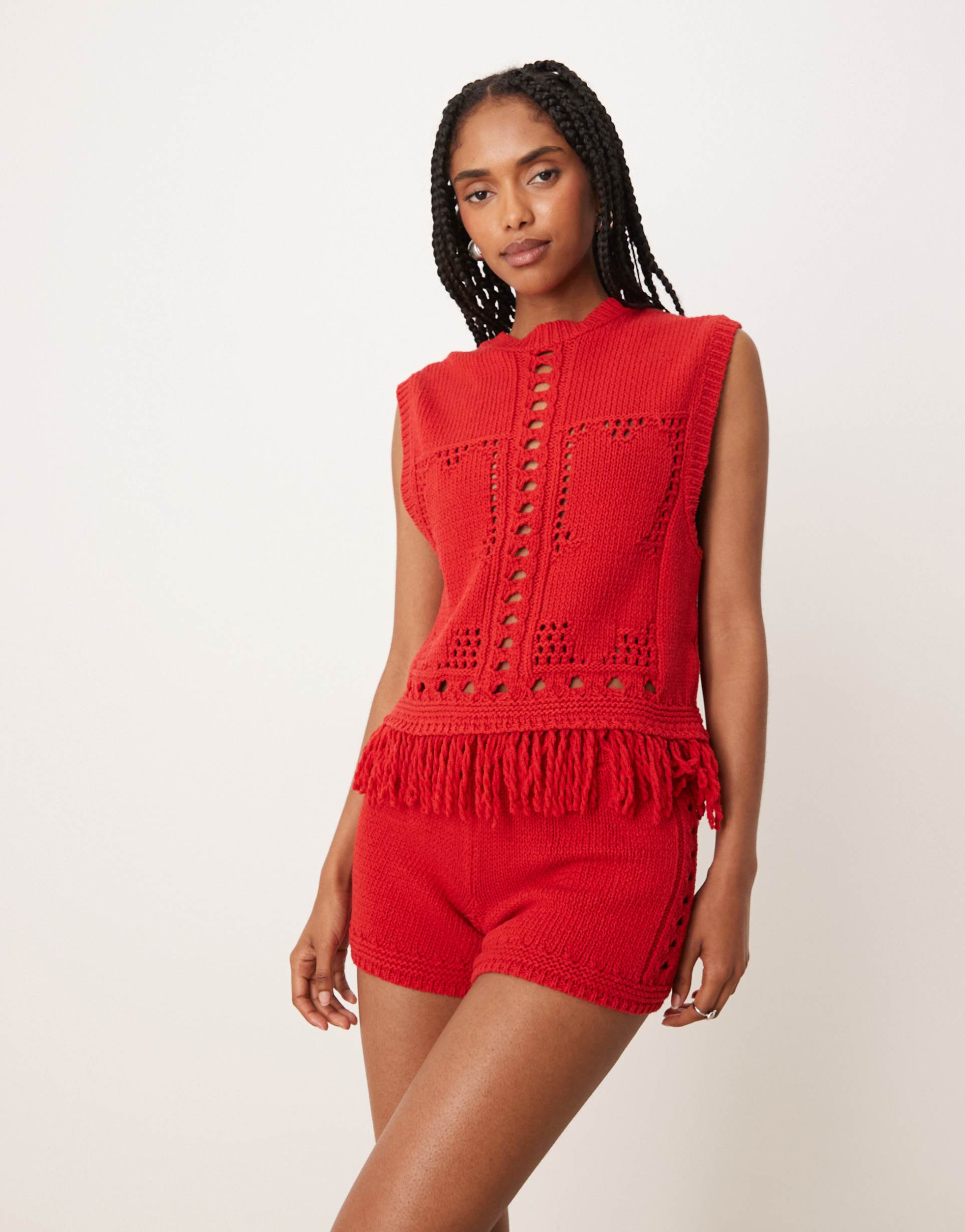 asos design fringe tank top with open stitch detailing in red - part of a set