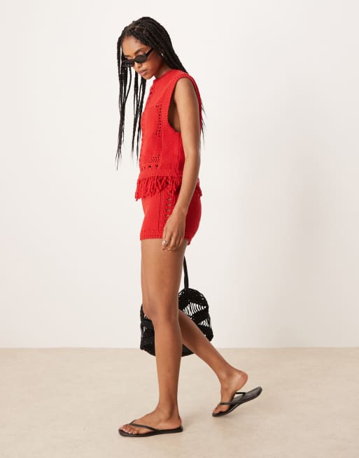 ASOS DESIGN fringe tank top with open stitch detailing in red