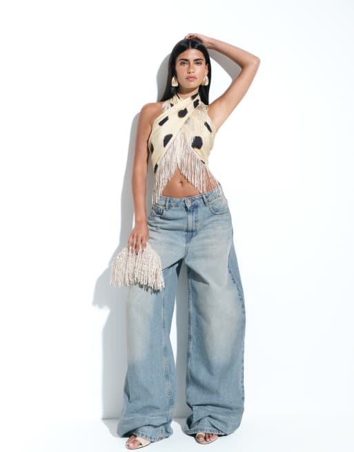 ASOS DESIGN fringe trim multiway satin scarf top in cream polka-dot print, 2 of 4