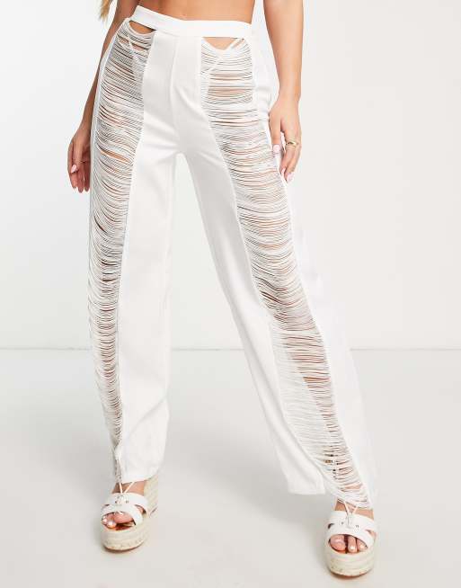 White Sheer Lace Fitted Beach Pants