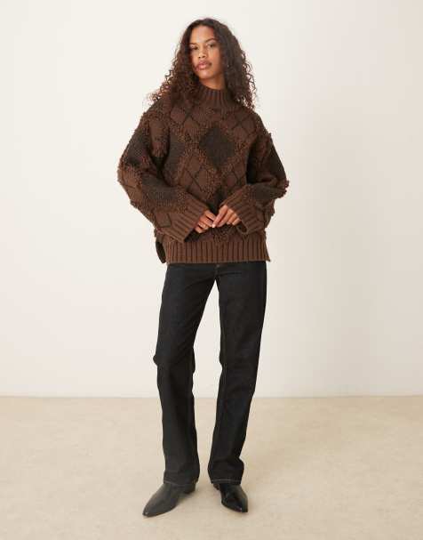 ASOS DESIGN fringed check oversized jumper in chocolate