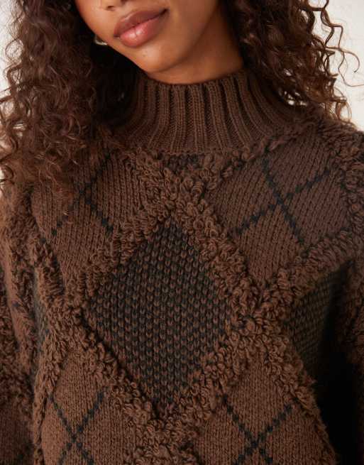 ASOS DESIGN fringed check oversized jumper in chocolate, 2 of 4
