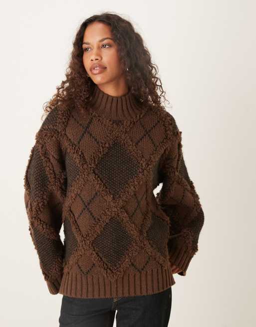 ASOS DESIGN fringed check oversized jumper in chocolate, 3 of 4