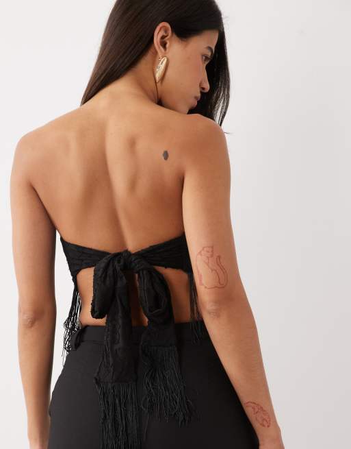 ASOS DESIGN fringed devore scarf top in black, 2 of 4