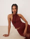 [ASOS DESIGN] ASOS DESIGN fringed halter neck top in rust (part of a set)-Brown 6 Rust