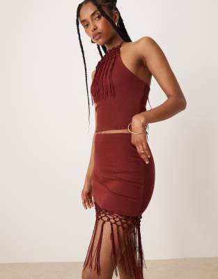 ASOS DESIGN fringed hem mini skirt in rust (part of a set) - view 1