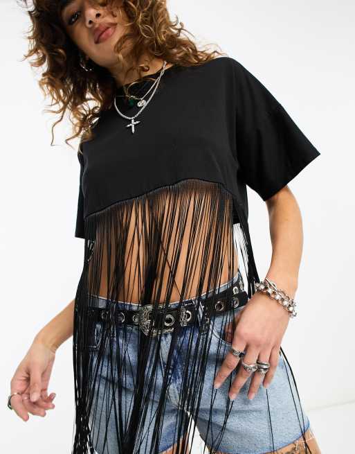 ASOS DESIGN fringed hem T shirt in black