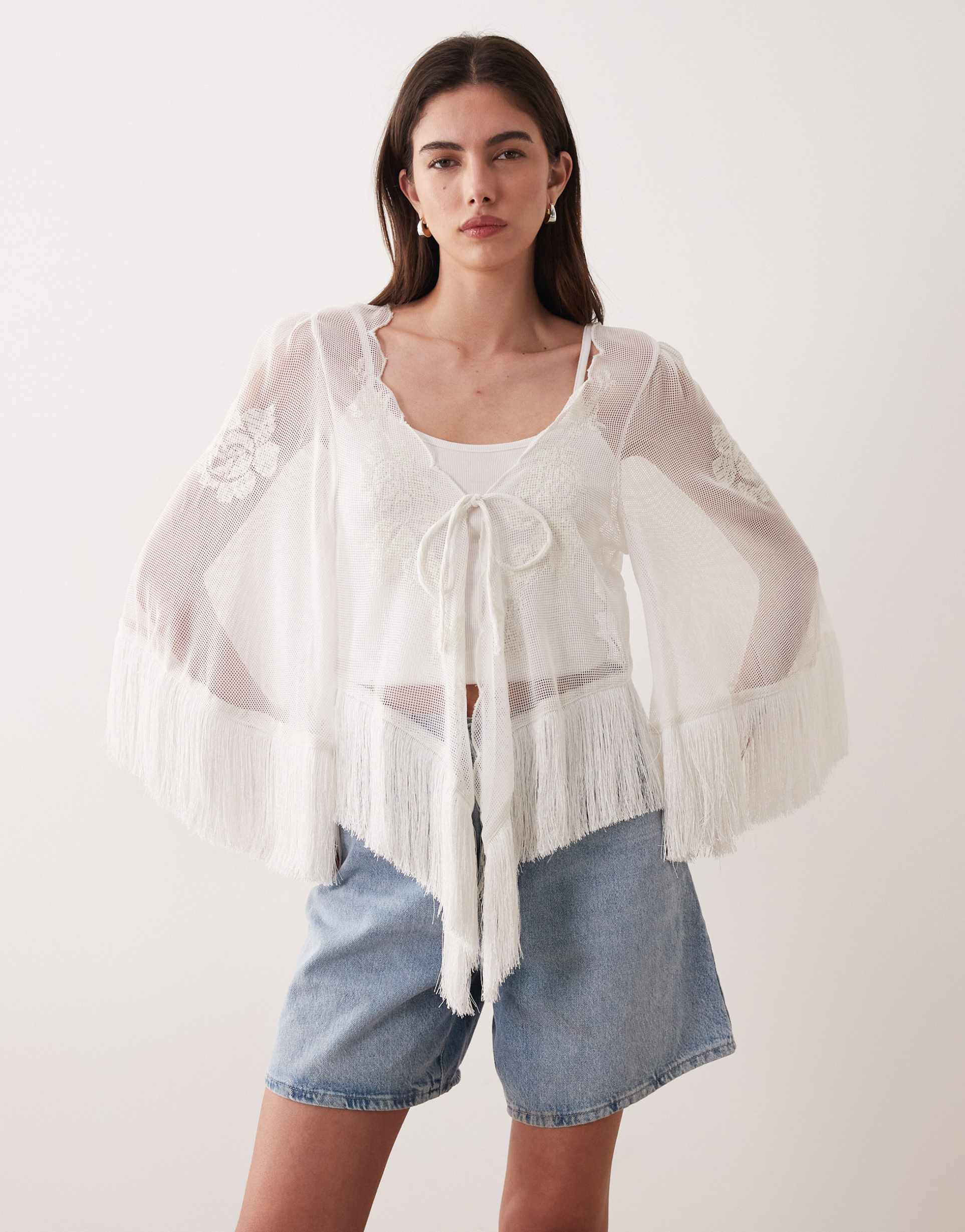 asos design fringed hem tie front top in white