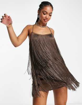 Asos Design Fringed Mini Dress In Chocolate-brown