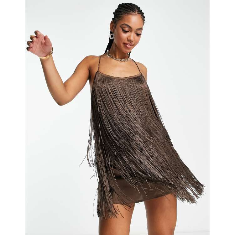 ASOS DESIGN grown on neck mini dress with ruched sides in chocolate