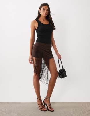 Asos Design Fringed Mini Skirt In Brown