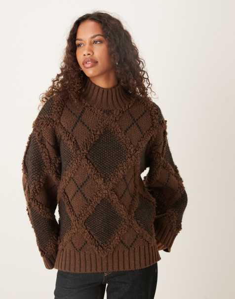 ASOS DESIGN fringed plaid oversized sweater in chocolate - view 1