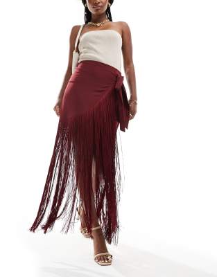 fringed satin wrap maxi skirt in burgundy-Orange