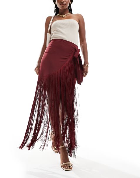ASOS DESIGN fringed satin wrap maxi skirt in burgundy