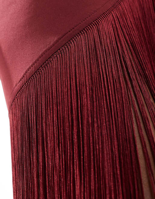 ASOS DESIGN fringed satin wrap maxi skirt in burgundy