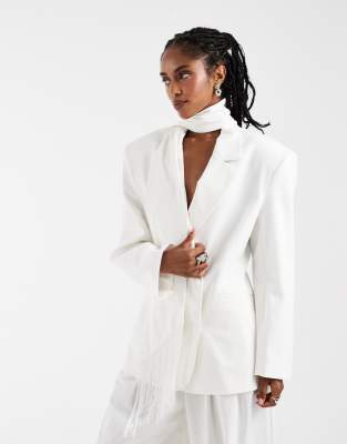Asos Design Fringed Scarf Oversized Blazer In White