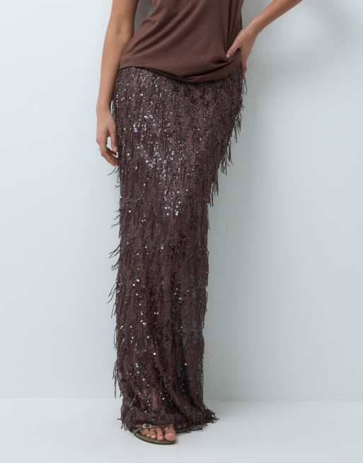 ASOS DESIGN fringed sequin high waist maxi skirt in brown, 2 of 5