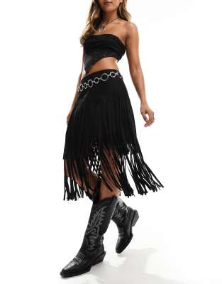 Asos Design Fringed Tiered Suedette Mini Skirt In Black