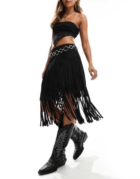 ASOS DESIGN fringed tiered suedette mini skirt in black - view 1