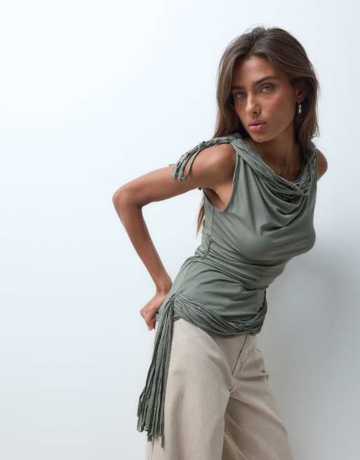 ASOS DESIGN fringing detail ruched singlet top in khaki, 2 of 5
