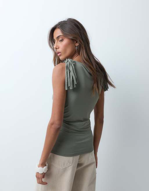 ASOS DESIGN fringing detail ruched singlet top in khaki, 4 of 5