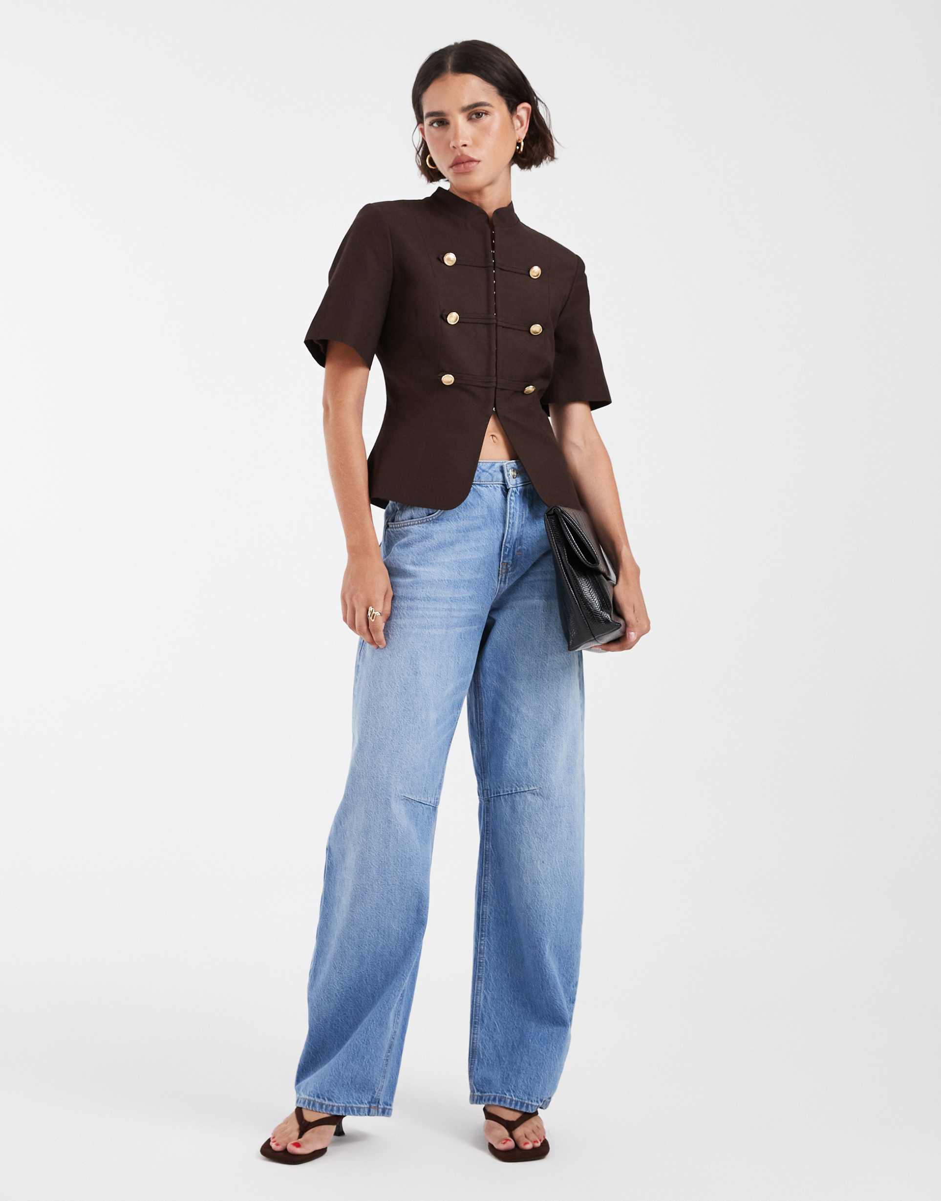 asos design frog-closure detailing fitted shirt in chocolate brown
