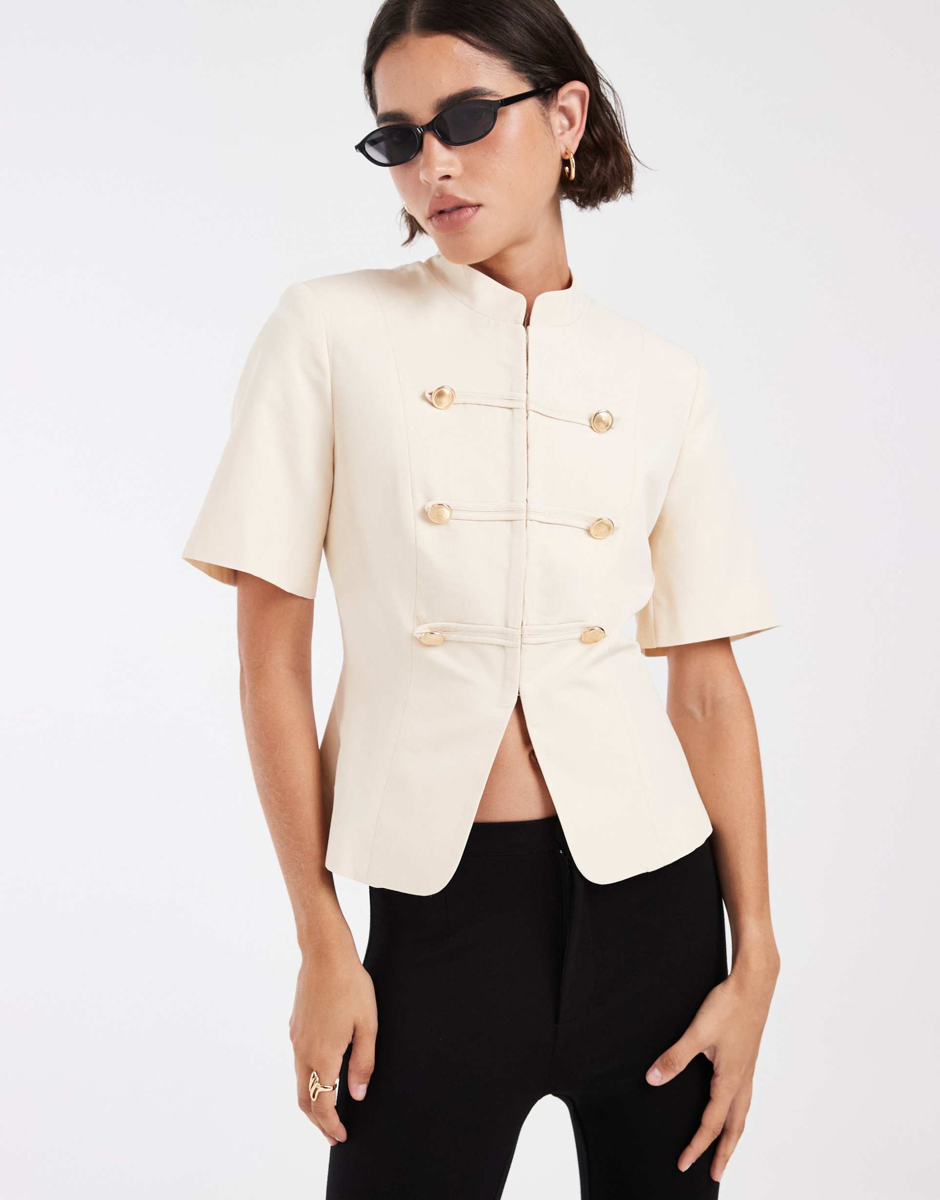 asos design frog-closure detailing fitted shirt in ecru