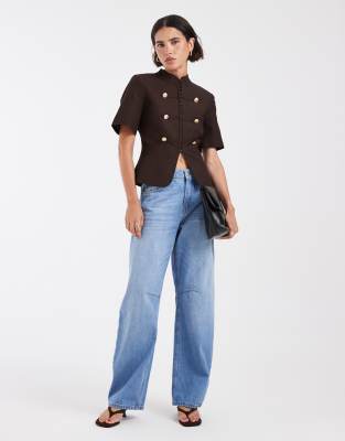 Asos Design Frogging Fastening Detail Fitters Shirt In Brown
