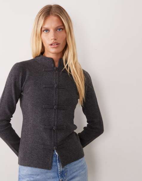 ASOS DESIGN frogging mandarin collar cardigan in charcoal - view 1