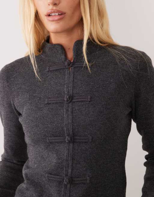 ASOS DESIGN frogging mandarin collar cardigan in charcoal, 3 of 4