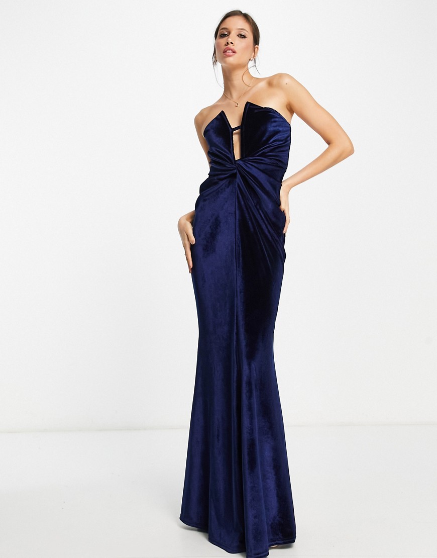 ASOS DESIGN front knot plunge v wire velvet maxi dress in midnight blue-Navy