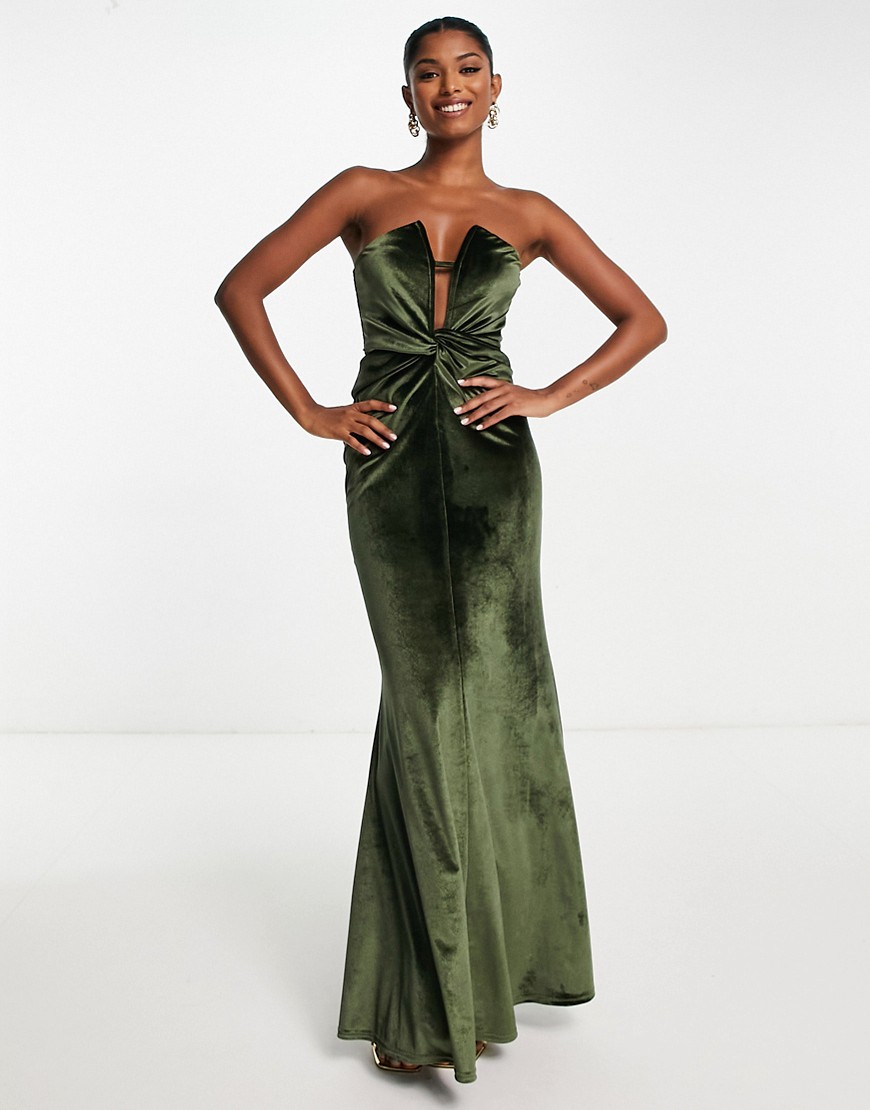 ASOS DESIGN front knot plunge v wire velvet maxi dress in olive-Green
